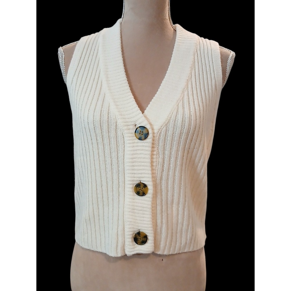 Major Label Group Womens Ribbed Knit Button Front V-Neck Sweater Vest Cream L
